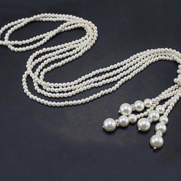 VINTAGE FAUX PEARL TASSEL LONG DOUBLE NECKLACE - Picture 2 of 15